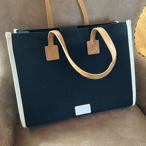 Vince Camuto Women’s Black Canvas Saly Tote Bag, Brown Straps, Pet Free Home